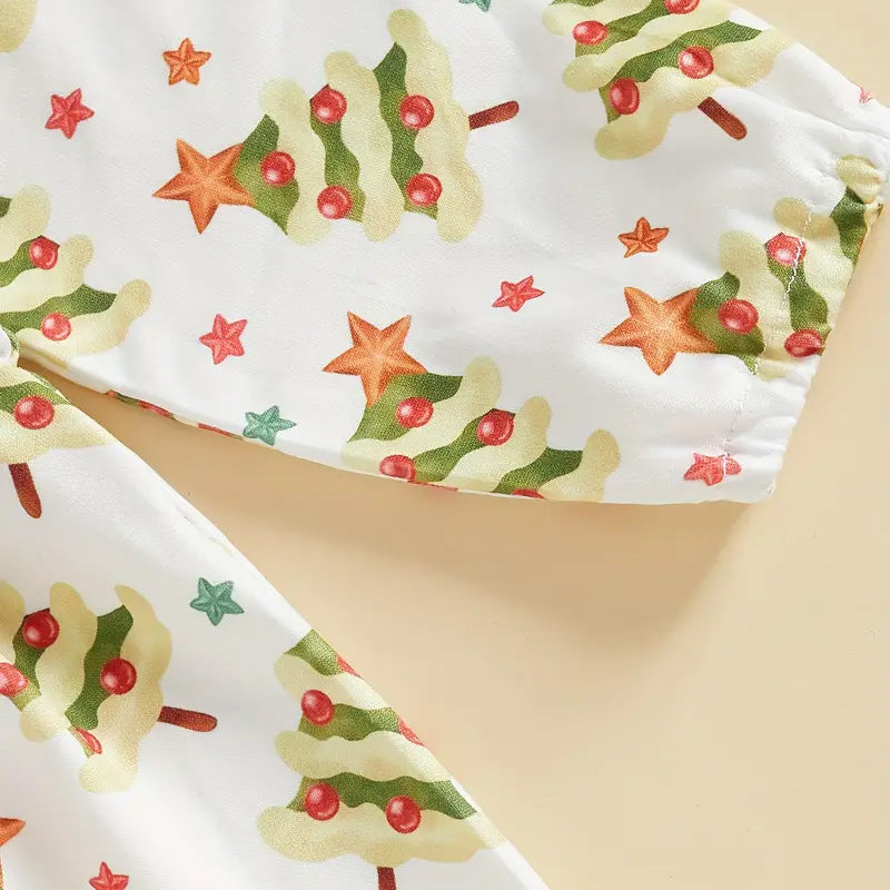 2PCS Christmas Tree Printed Bowknot Long Sleeve Baby Jumpsuit