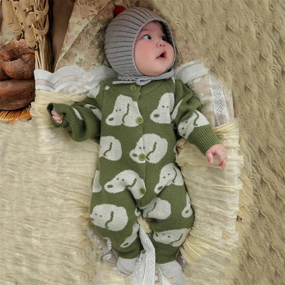 Cute Puppy Print Knitted Long Sleeve Baby Jumpsuit