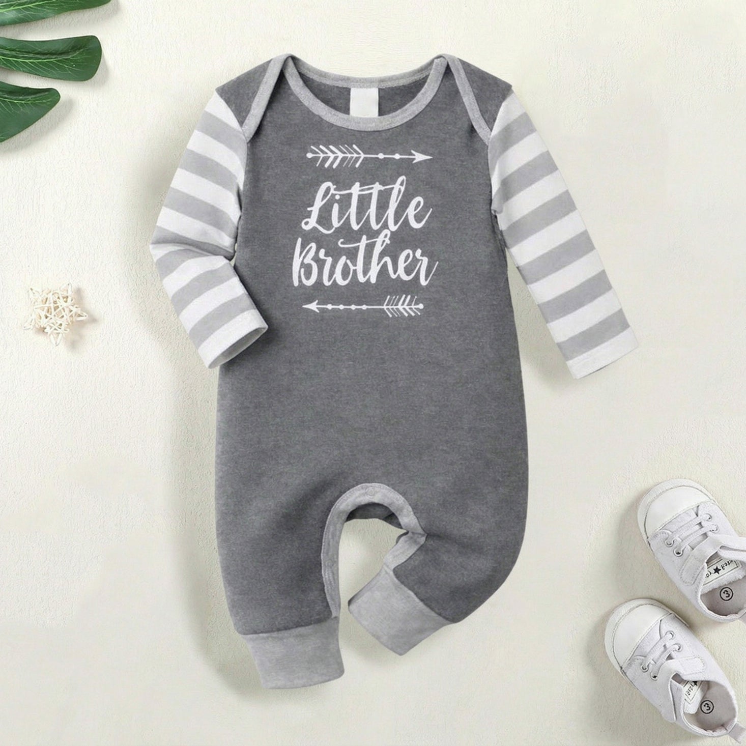 Cute Little Brother Letter Stripe Printed Long Sleeve Baby Jumpsuit