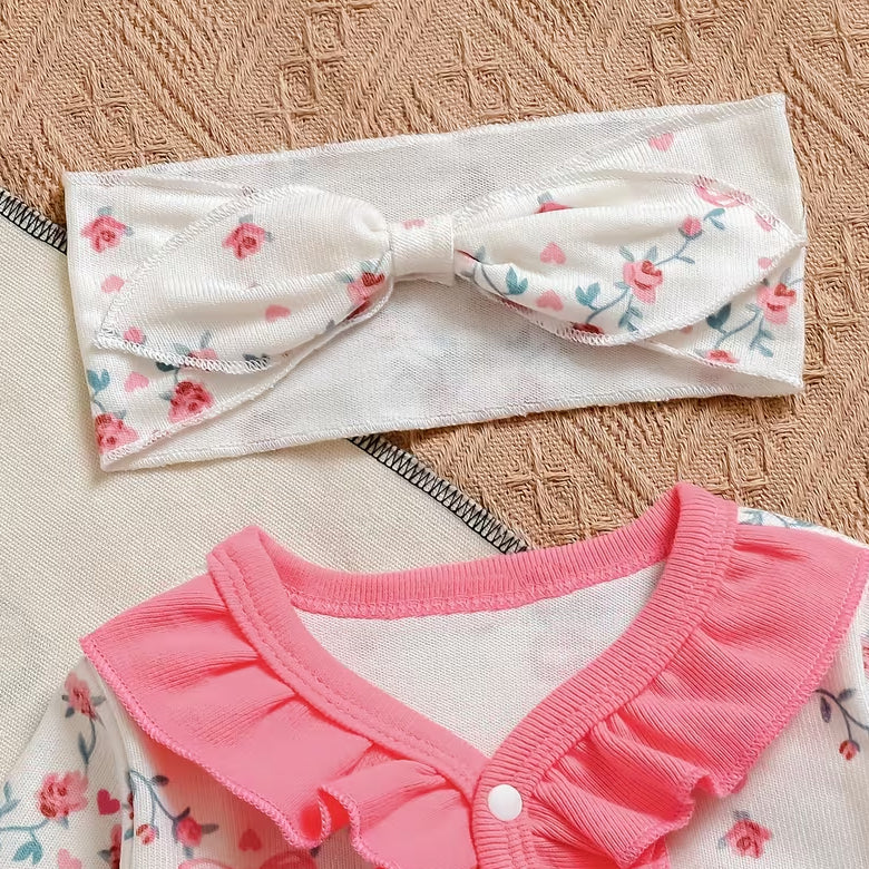 2PCS Delightful Floral Bow Print Ruffle Baby Jumpsuit