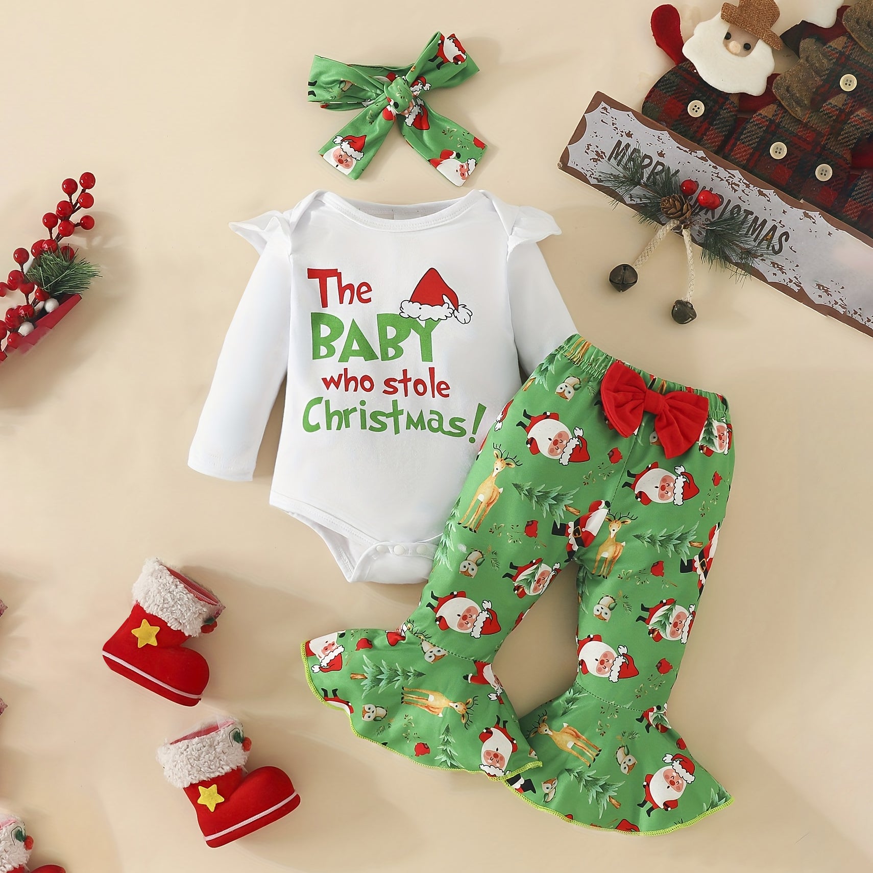 3PCS The Baby Who Stole Christmas Letter Printed Flared Pants Baby Set