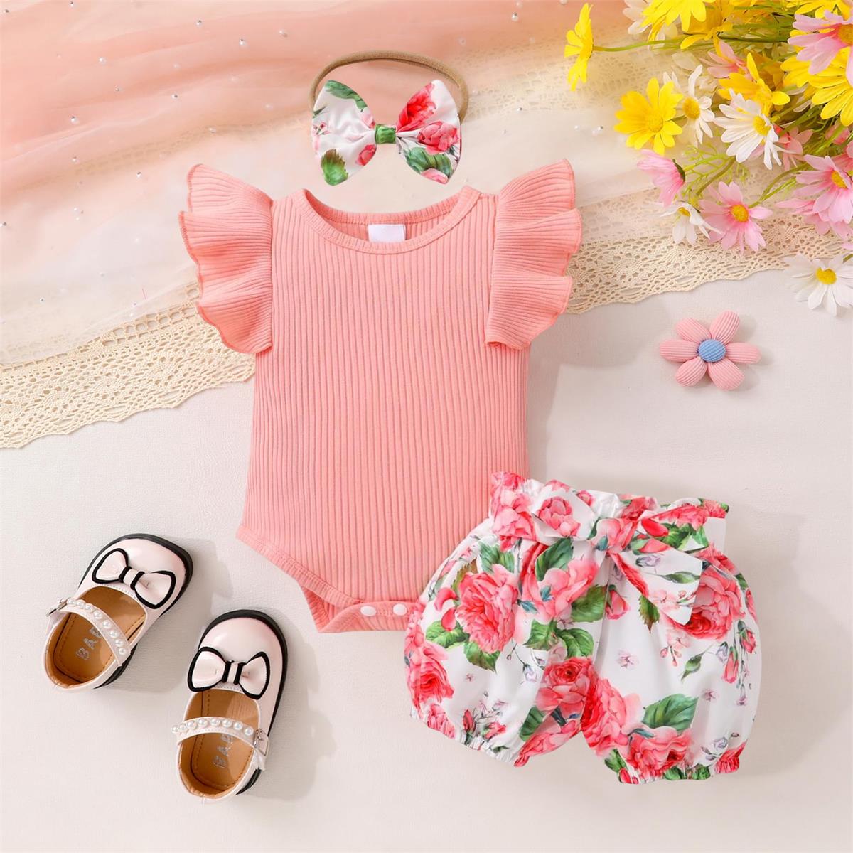 3PCS Cozy Floral Printed Sleeveless Summer Baby Set