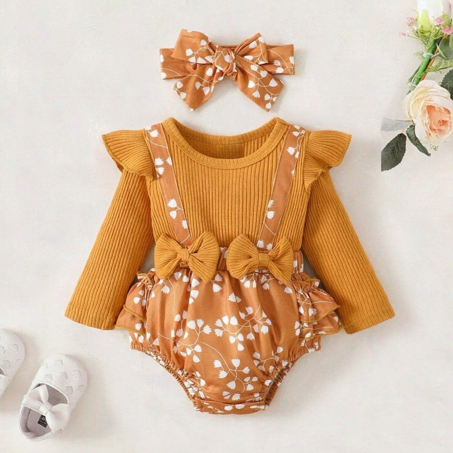2PCS Cute Faux Layered Floral Printed Long Sleeve Baby Romper