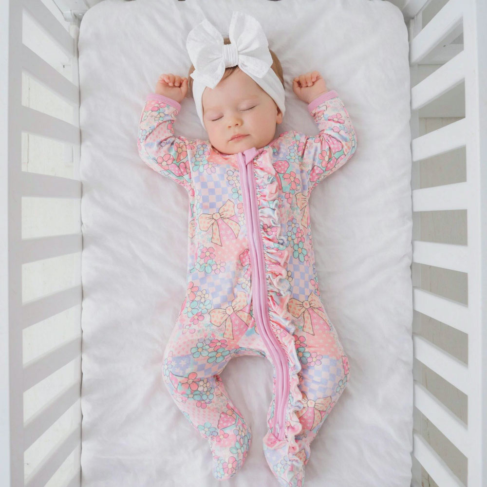 Cute Floral Plaid Printed Zipper Long Sleeve Baby Jumpsuit