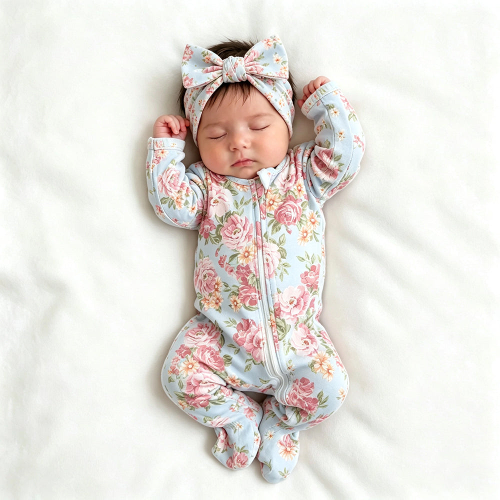 2PCS Dreamy Floral Print Long Sleeve Zipper Baby Girl Jumpsuit