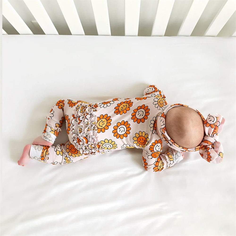 2PCS Cute Floral Print Long Sleeve Zipper Baby Jumpsuit