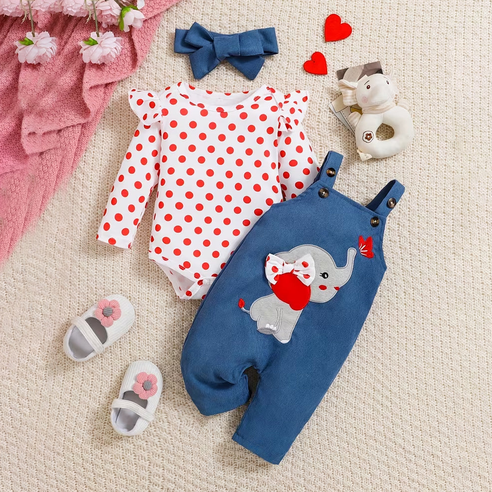 3PCS Lovely Elephant Polka Dots Printed Baby Girl Set
