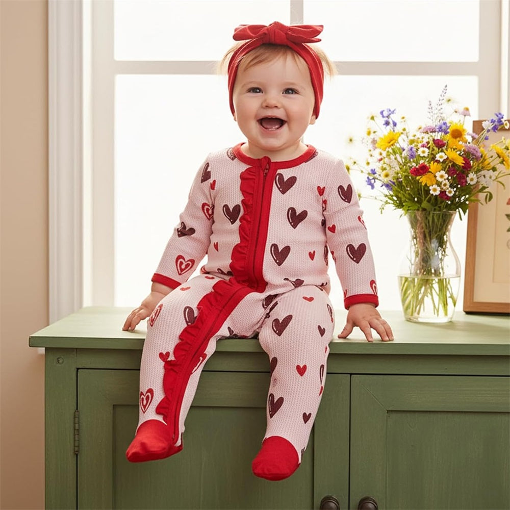 2PCS Cute Heart Print Ruffle Long Sleeve Baby Jumpsuit