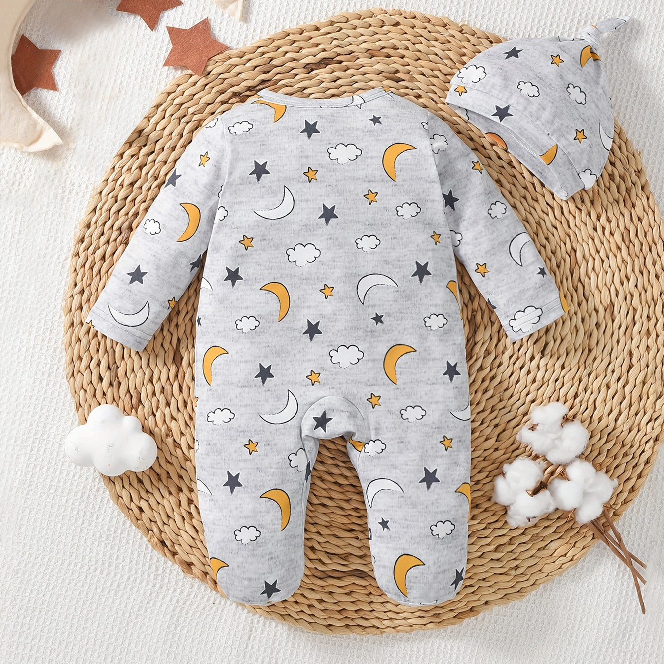 2PCS Casual Moon And Stars Printed Long Sleeve Baby Jumpsuit