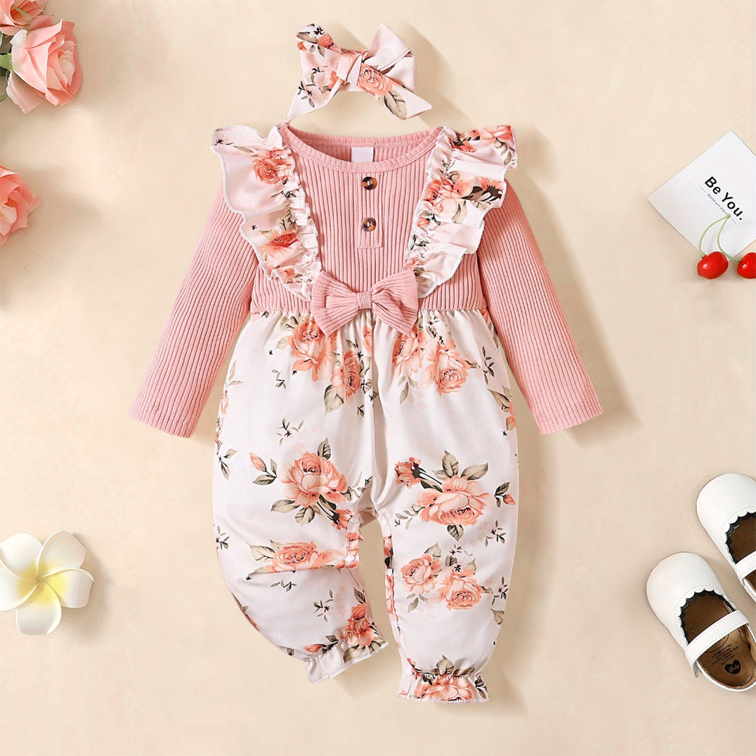 2PCS Lively Floral Printed Ruffle Baby Jumpsuit