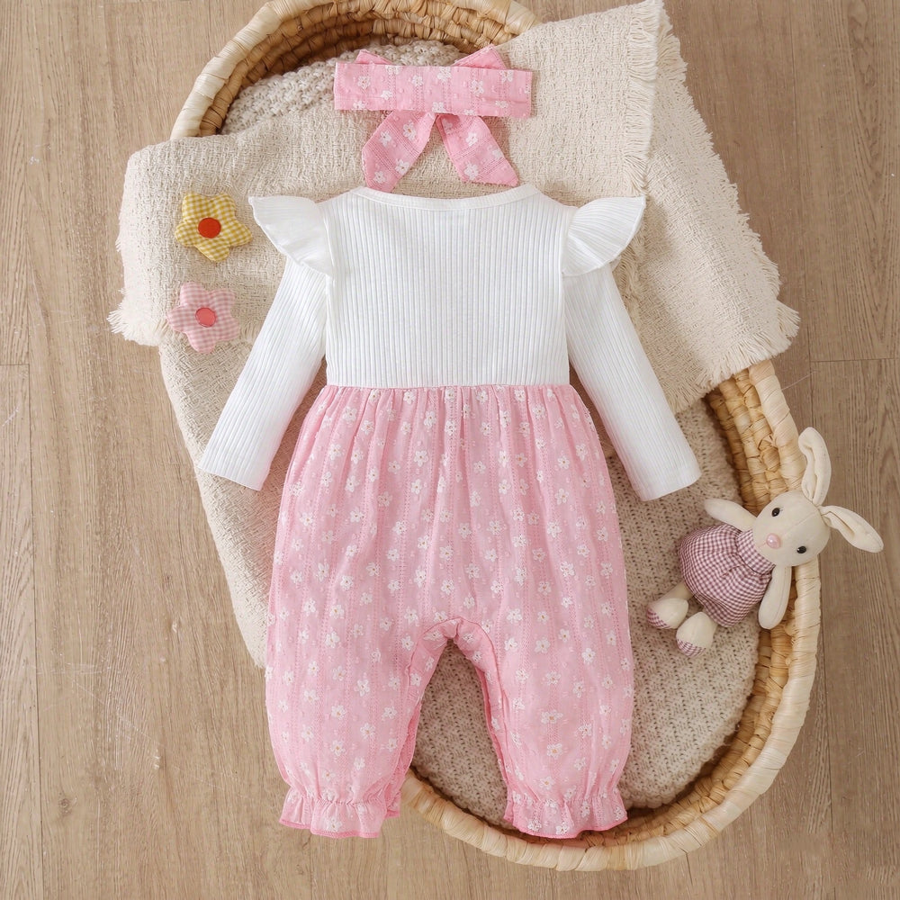 2PCS Mori Style Floral Print Bow Long Sleeve Baby Girl Jumpsuit