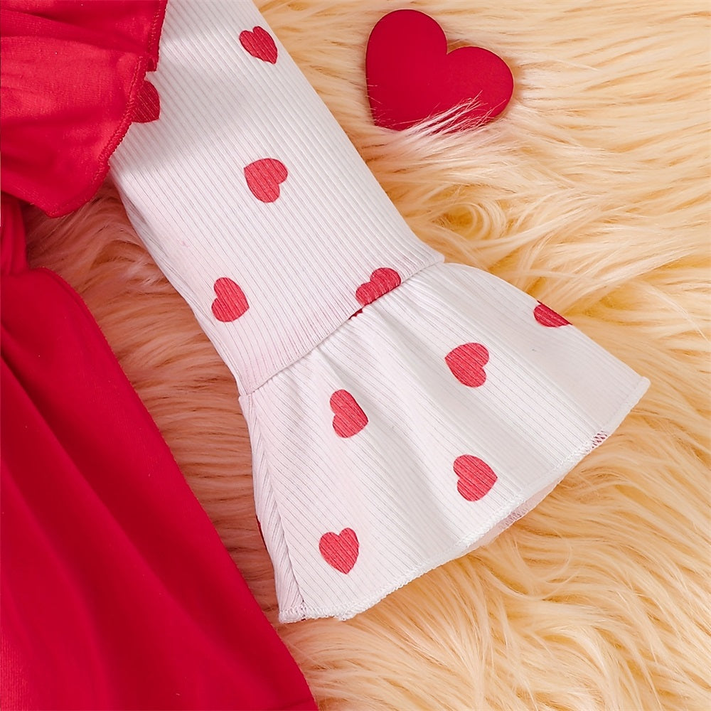 2PCS Cute Heart Print Ruffle Trim Long Sleeve Baby Romper