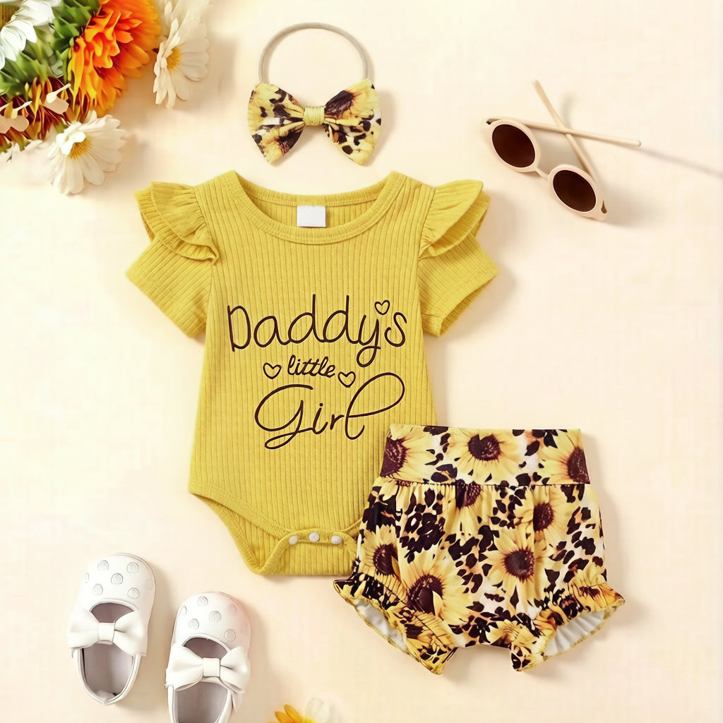 3PCS Lovely Daddy's Little Girl Letter Sunflower Print Baby Set