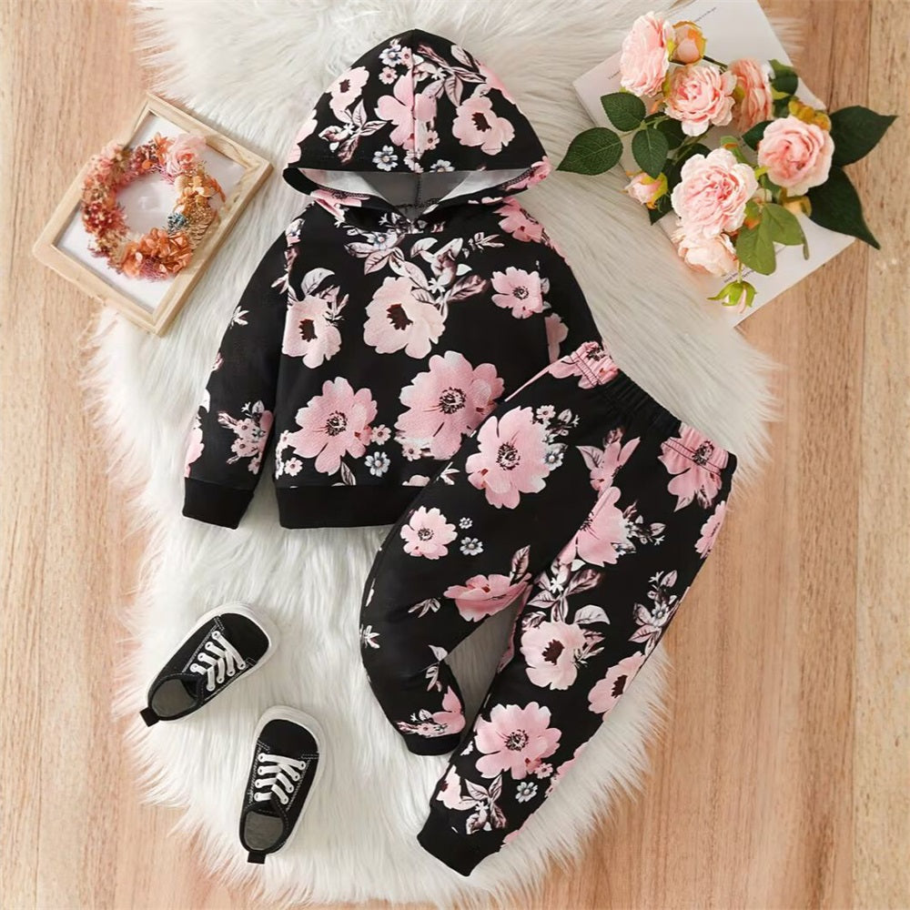 2PCS Stylish Floral Print Long Sleeve Baby Hooded Set