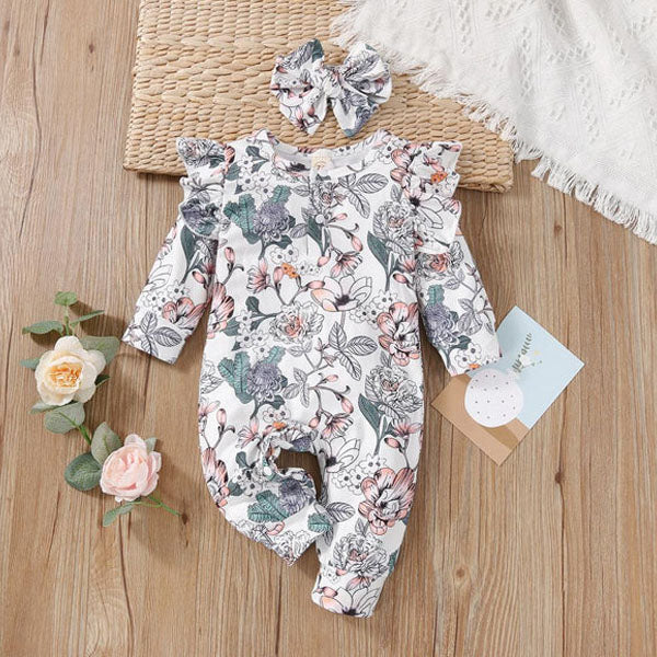 2PCS Allover Grace Floral Printed Baby Jumpsuit