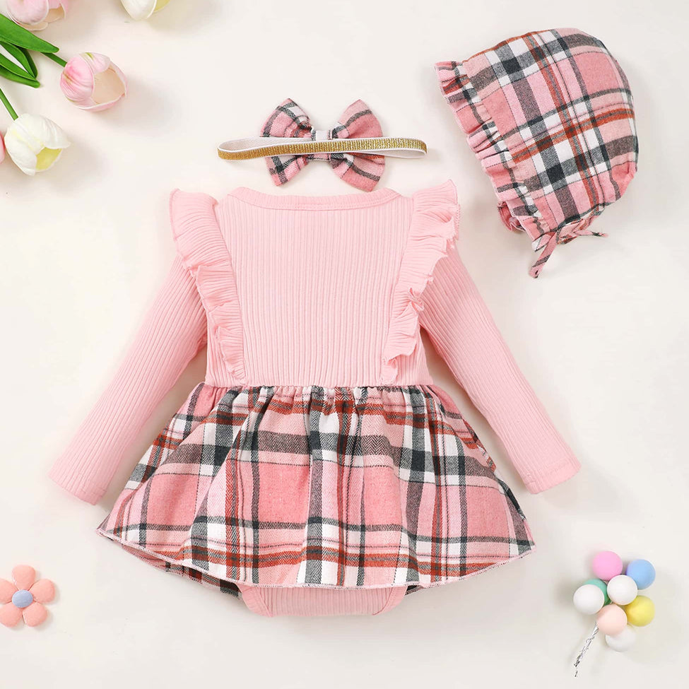 3PCS Pretty Plaid Print Long Sleeve Baby Romper
