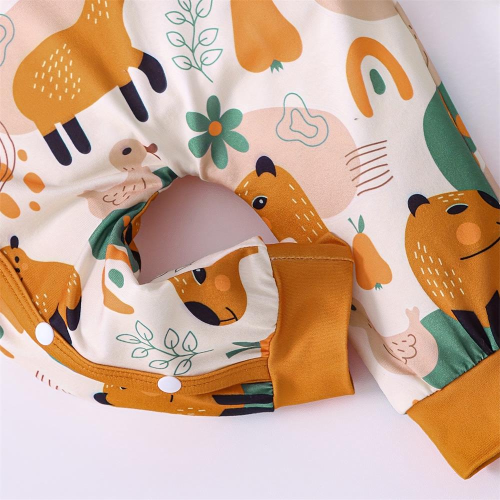 2PCS Cute Capybara Print Long Sleeve Baby Jumpsuit