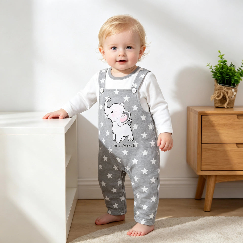 Lovely Letter and Elephant Stars Print Faux Layer Baby Jumpsuit