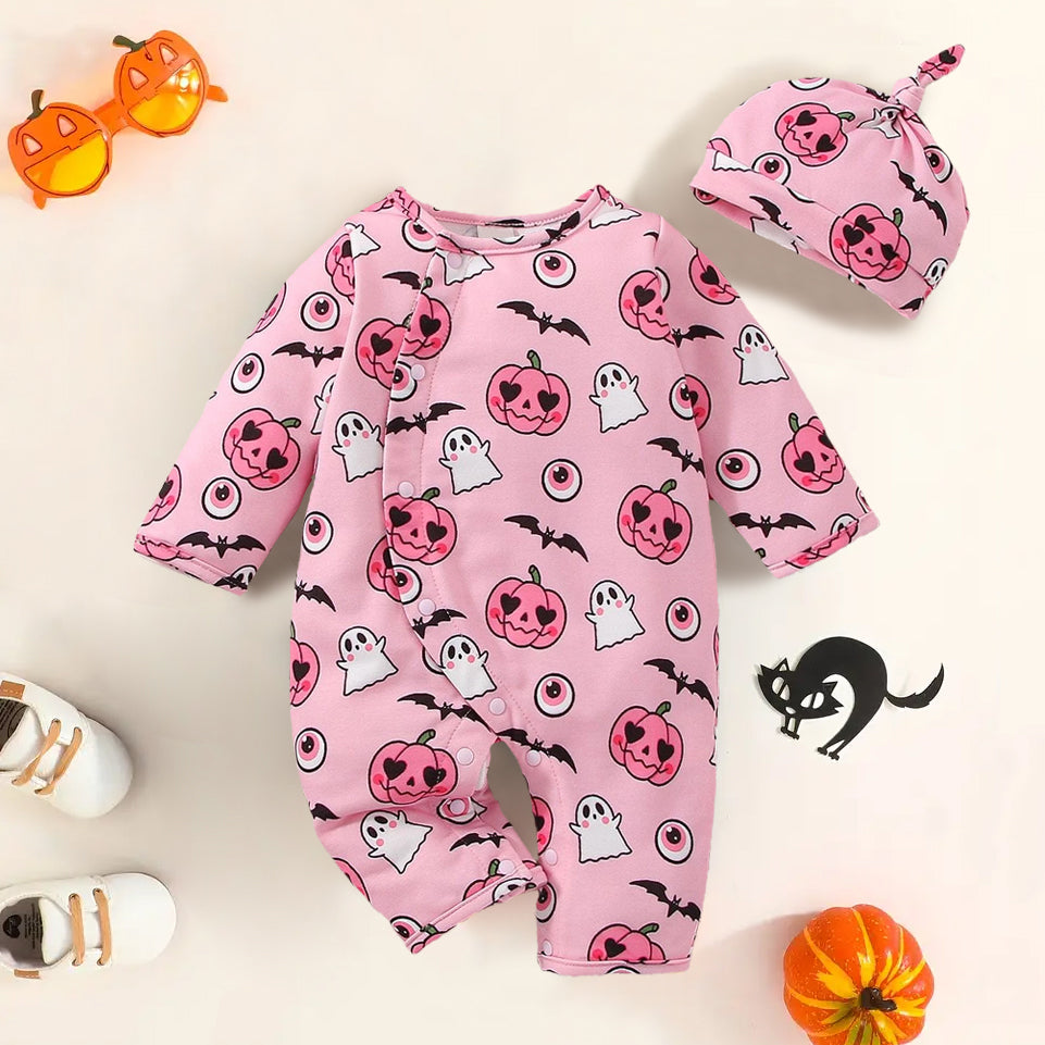 2PCS Halloween Bat And Pumpkin Printed Long Sleeve Baby Jumpsuit