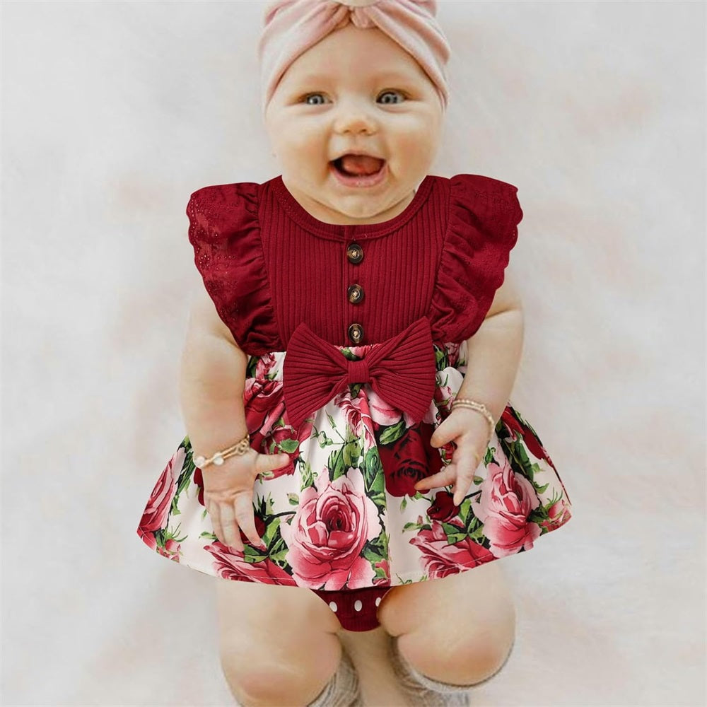 2PCS Floral Printed Ruffled Sleeveless Baby Romper