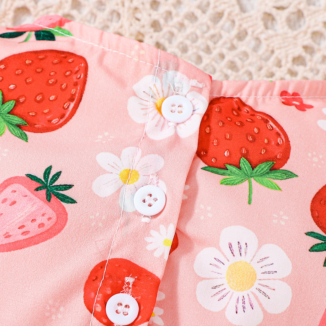 Vibrant Strawberry & Floral Print Bow Flutter Sleeve Baby Romper