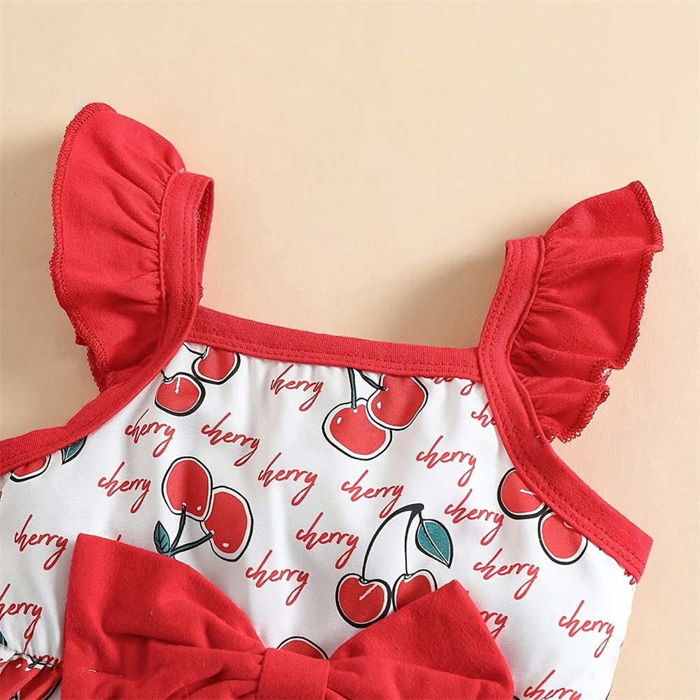 Cute Cherry Printed Bow Fly Sleeve Baby Jumpsuit