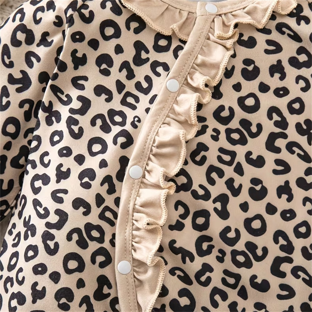 2PCS Adorable Leopard Print Ruffle Long Sleeve Baby Jumpsuit
