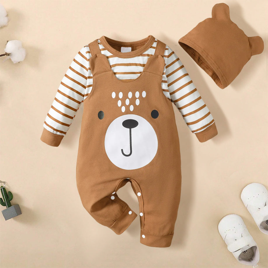 2PCS Cute Bear Stripe Printed Long Sleeve Baby Jumpsuit