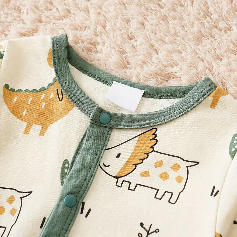 Cute Cartoon Dinosaur Allover Printed Long Sleeve Baby Jumpsuit