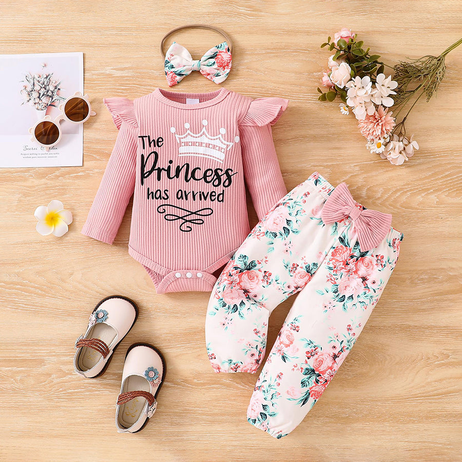 3PCS The Princess Letter Floral Printed Long Sleeve Baby Set