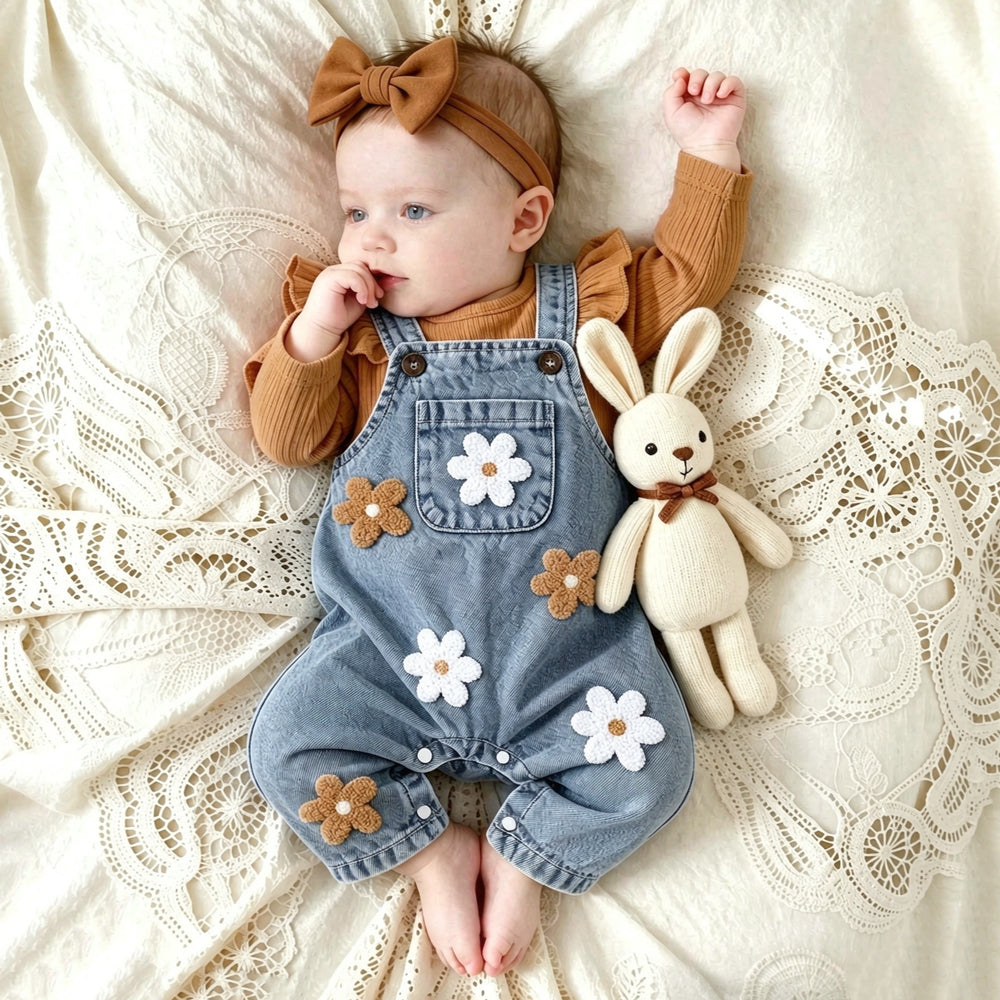 3PCS Pretty Floral Applique Long Sleeve Baby Denim Overalls Set