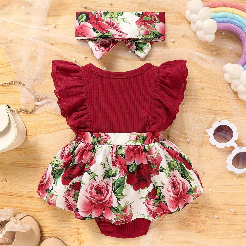 2PCS Floral Printed Ruffled Sleeveless Baby Romper