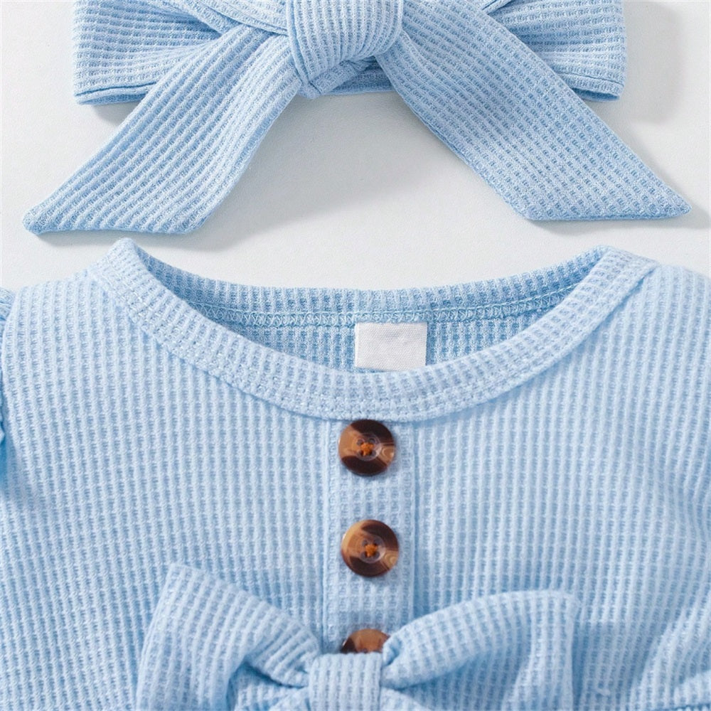 2PCS Comfy Solid Color Bow Long Sleeve Baby Jumpsuit