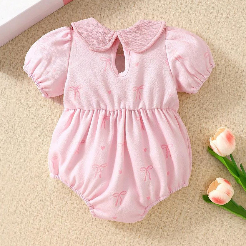 Sweet Bow Print Puff Sleeve Baby Romper