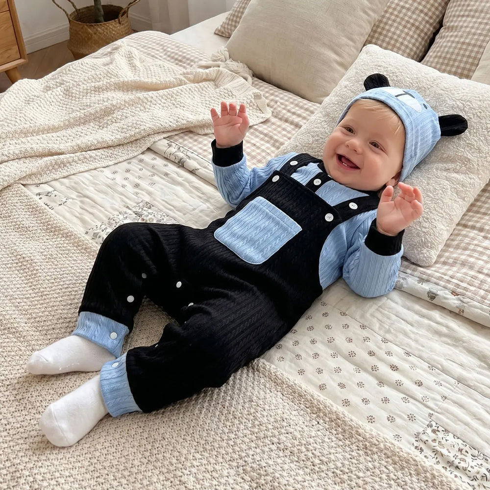 3PCS Cute Bear Print Long Sleeve Baby Overalls Set