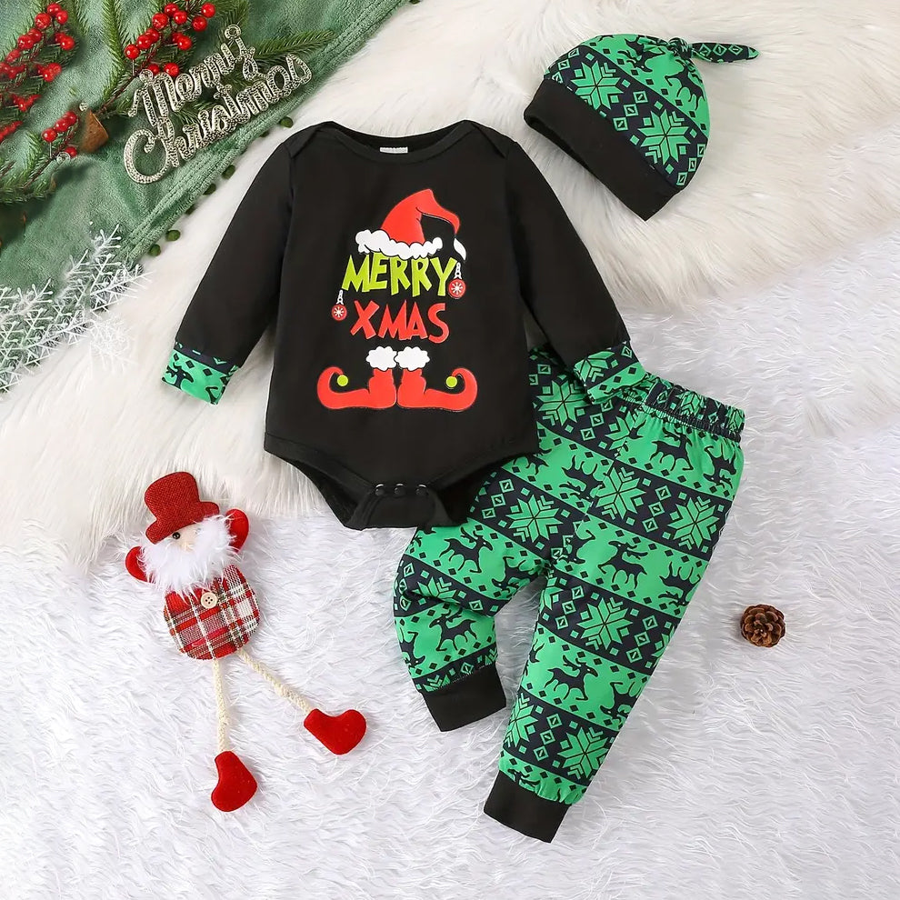 3PCS Merry Xmas Letter Printed Long Sleeve Baby Set