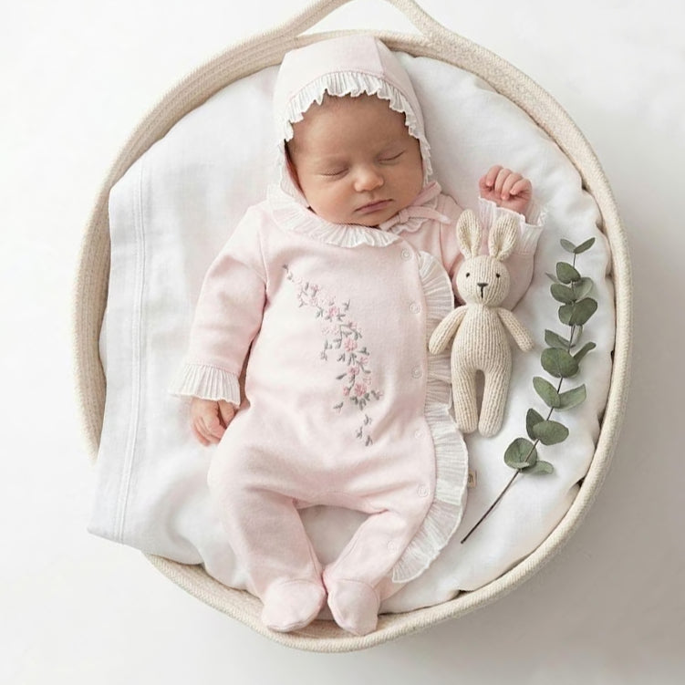 2PCS Sweet Floral Embroidery Ruffle Long Sleeve Baby Jumpsuit