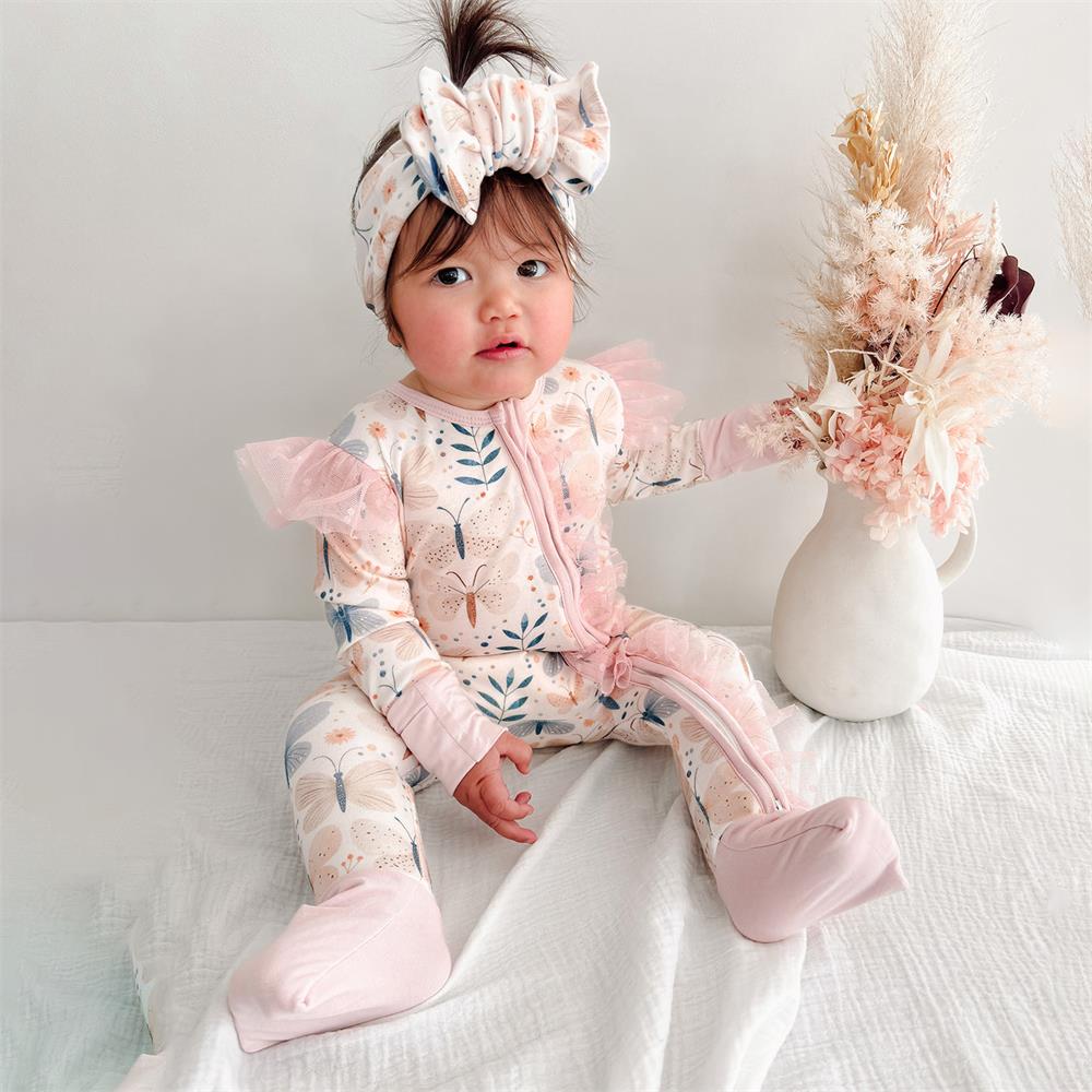 2PCS Butterfly Printed Lace Frills Long Sleeve Zipper Baby Jumpsuit