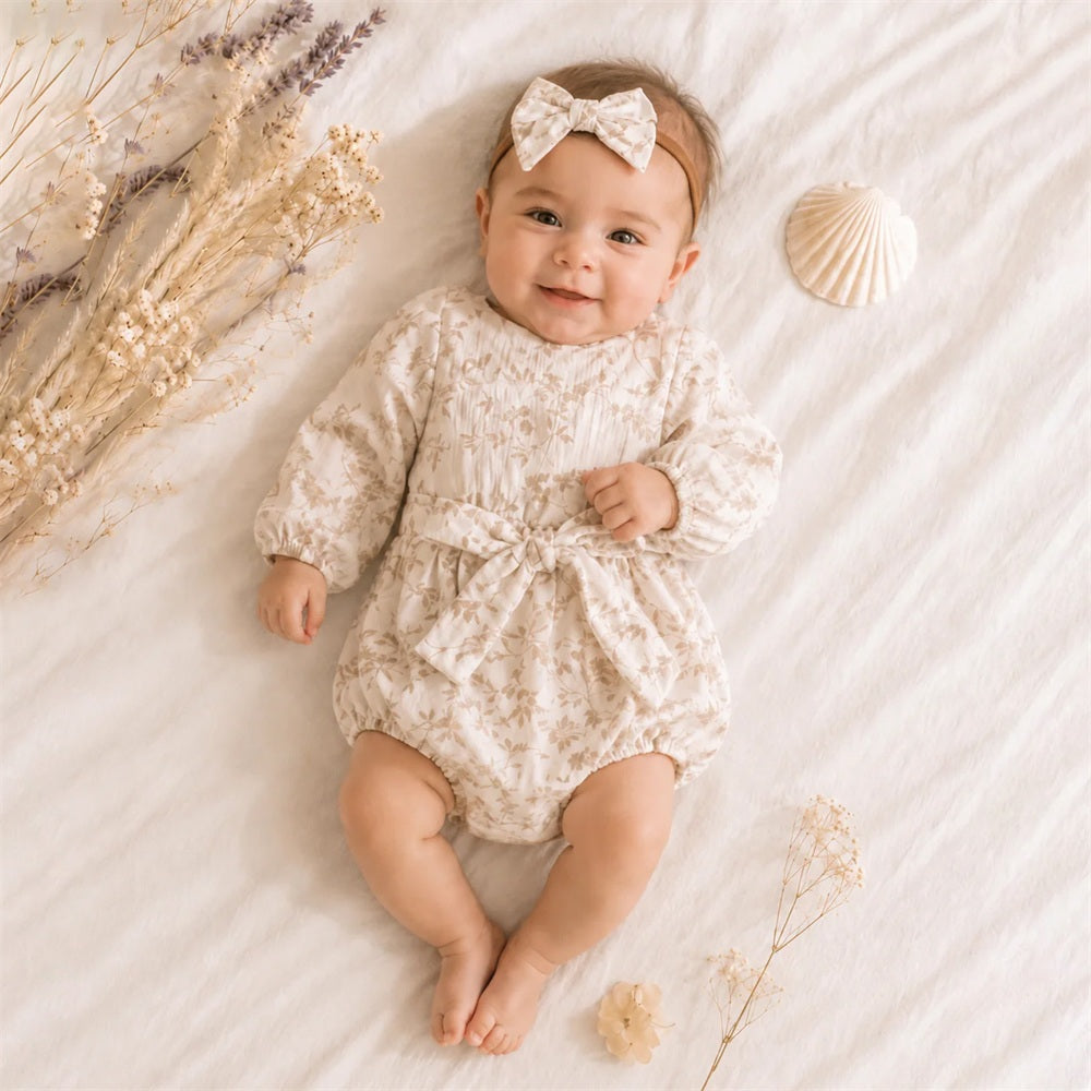 2PCS Gorgeous Floral Print Long Sleeve Baby Girl Romper