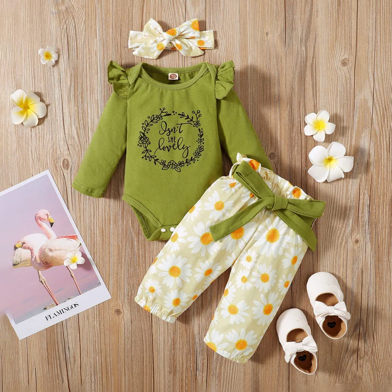 3PCS Pretty Daisy Printed Long Sleeve Baby Girl Set