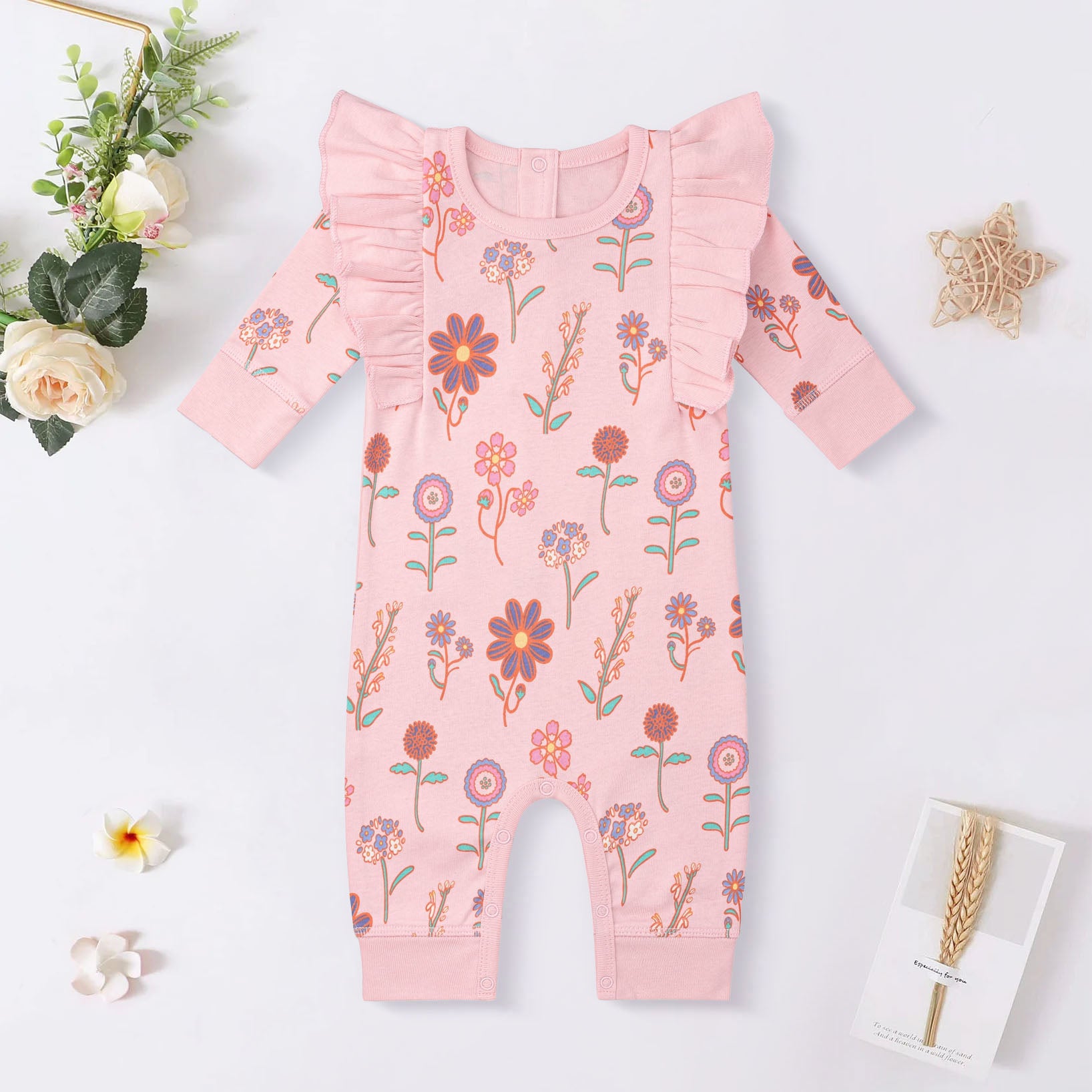 Pretty Floral Printed Long Sleeve Ruffle Baby Jumpsuit