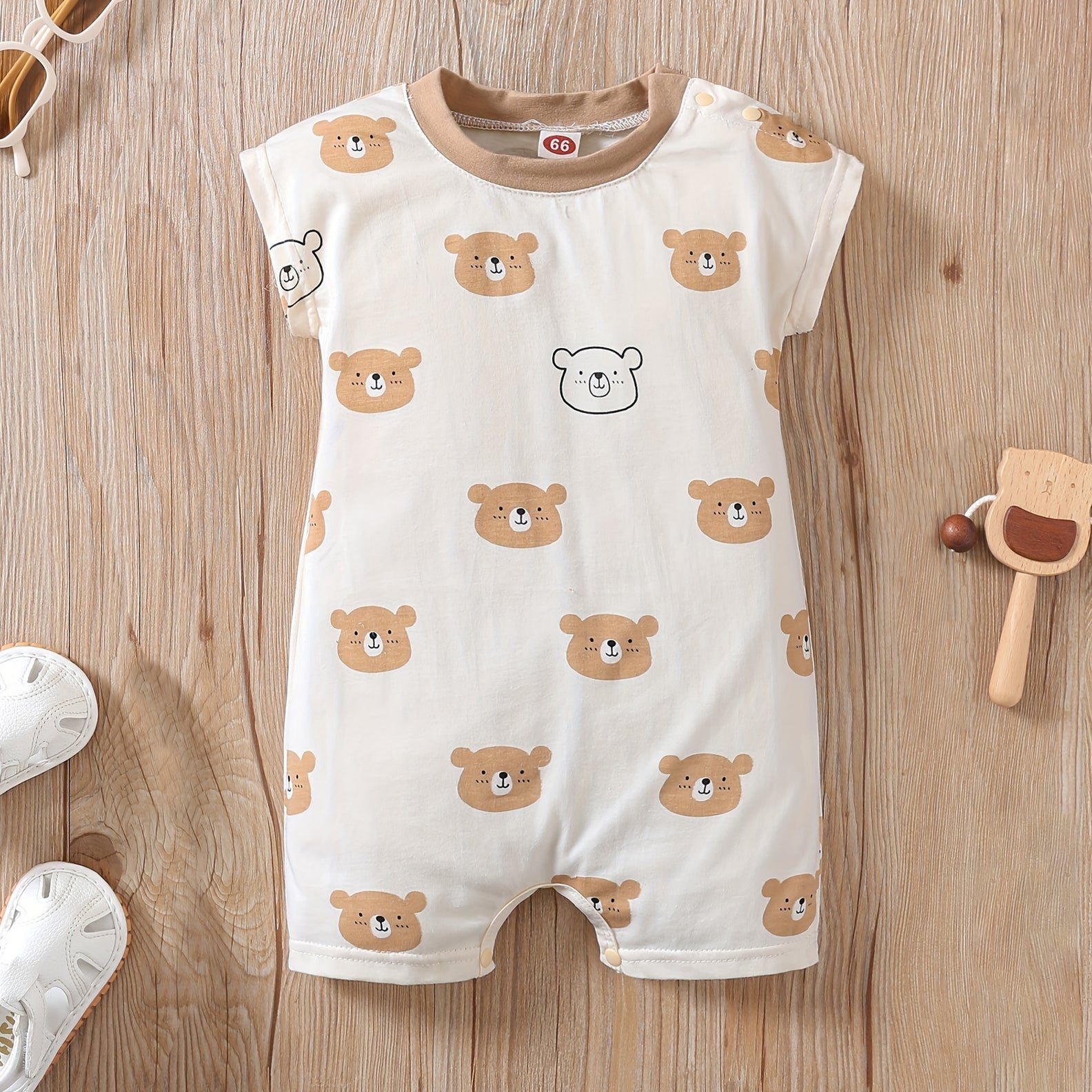 Cute Bear Allover Printed Cotton Short Sleeve Baby Jumpsuit