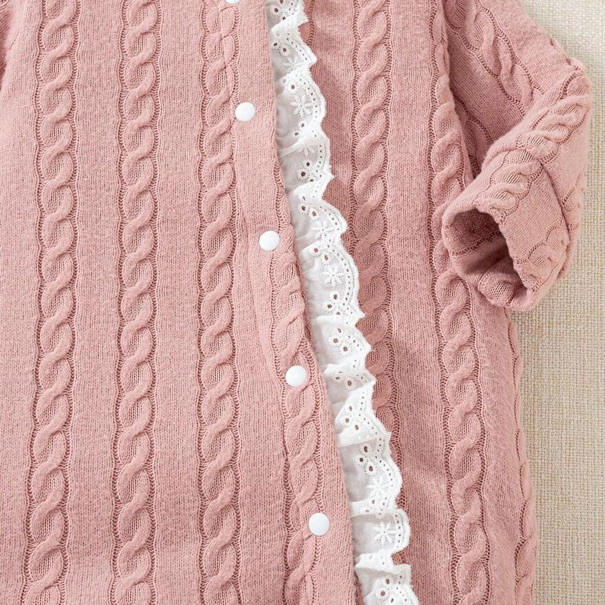 2PCS Solid Color Knit Lace Trim Long Sleeve Baby Girl Jumpsuit