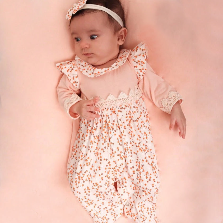 2PCS Adorable Floral Print Ruffle Long Sleeve Baby Jumpsuit