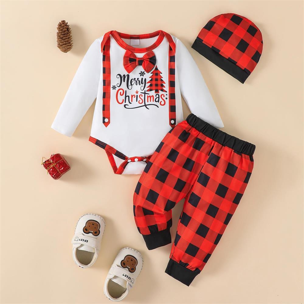 3PCS Merry Christmas Letter Print Plaid Long Sleeve Baby Set
