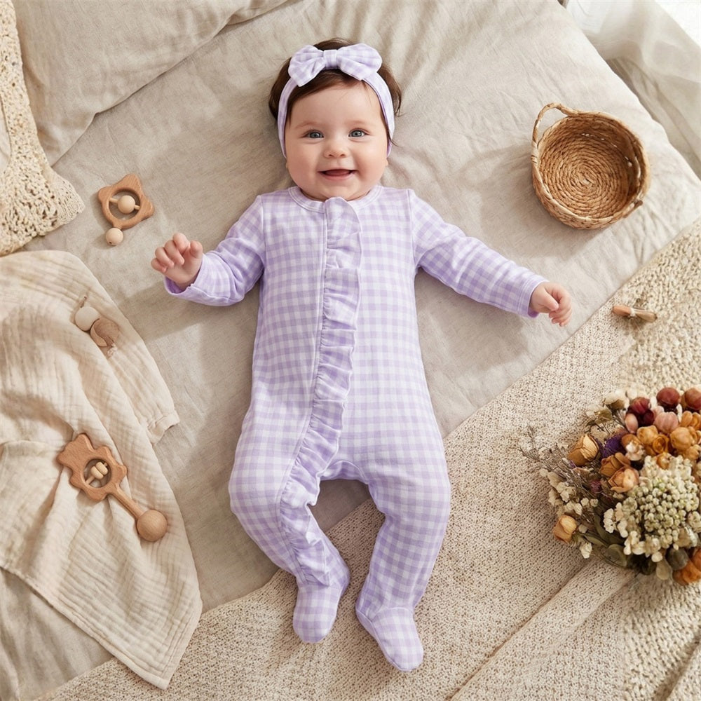 2PCS Casual Plaid Printed Long Sleeve Frill Trim Baby Jumpsuit