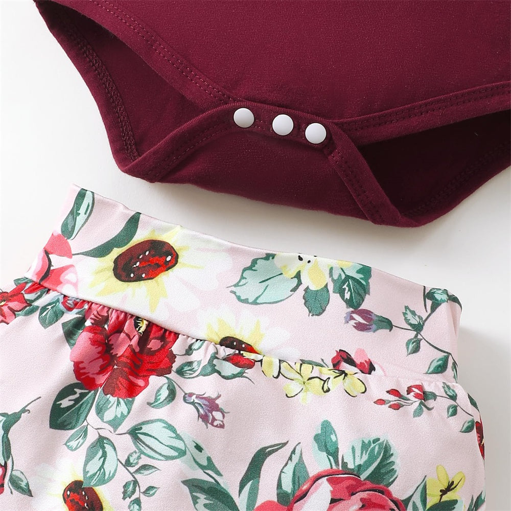 3PCS Mommy's Little Girl Letter Floral Print Short Sleeve Baby Set