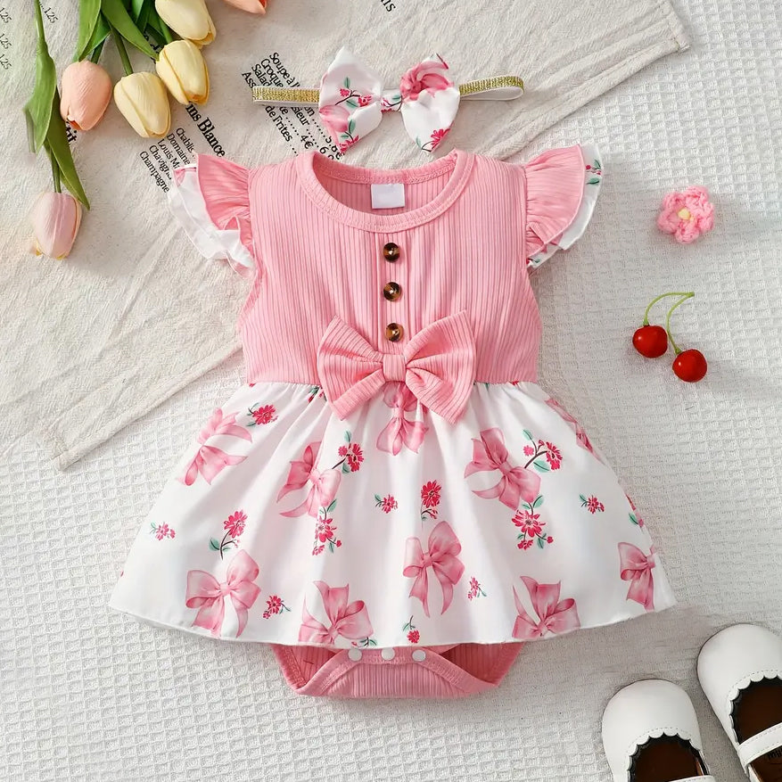 2PCS Sweet Bow Floral Print Sleeveless Baby Romper