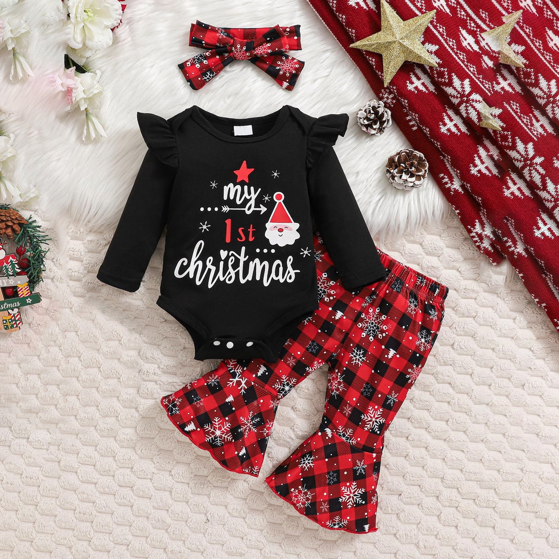 3PCS Cute My 1st Christmas Letter Plaid Printed Baby Set