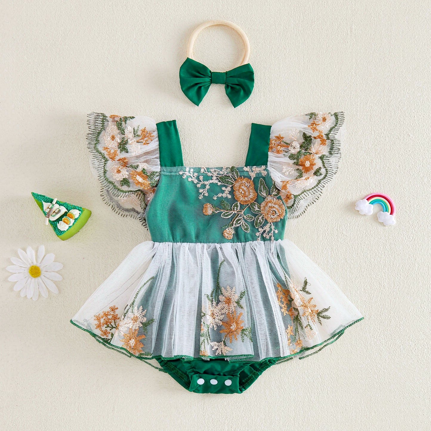 2PCS Grace Floral Embroidery Flutter Sleeve Baby Romper